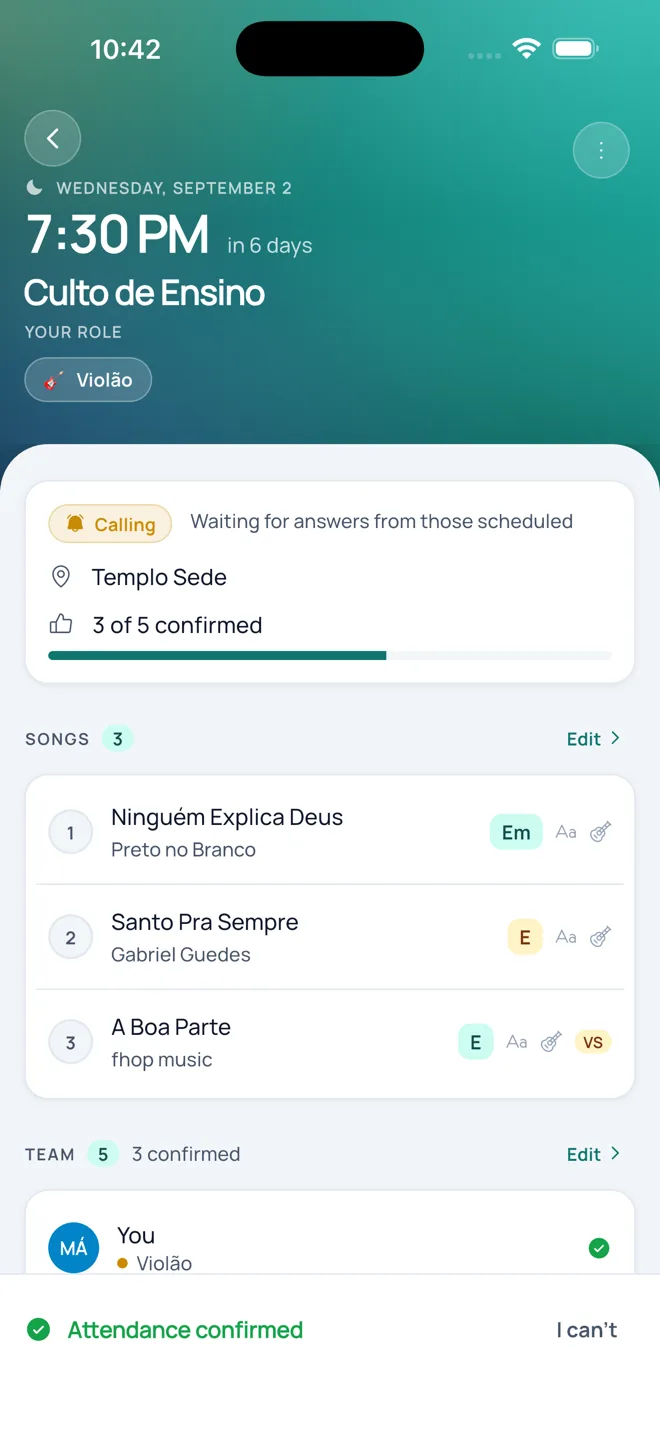 A schedule with the line-up, the songs and the confirmations