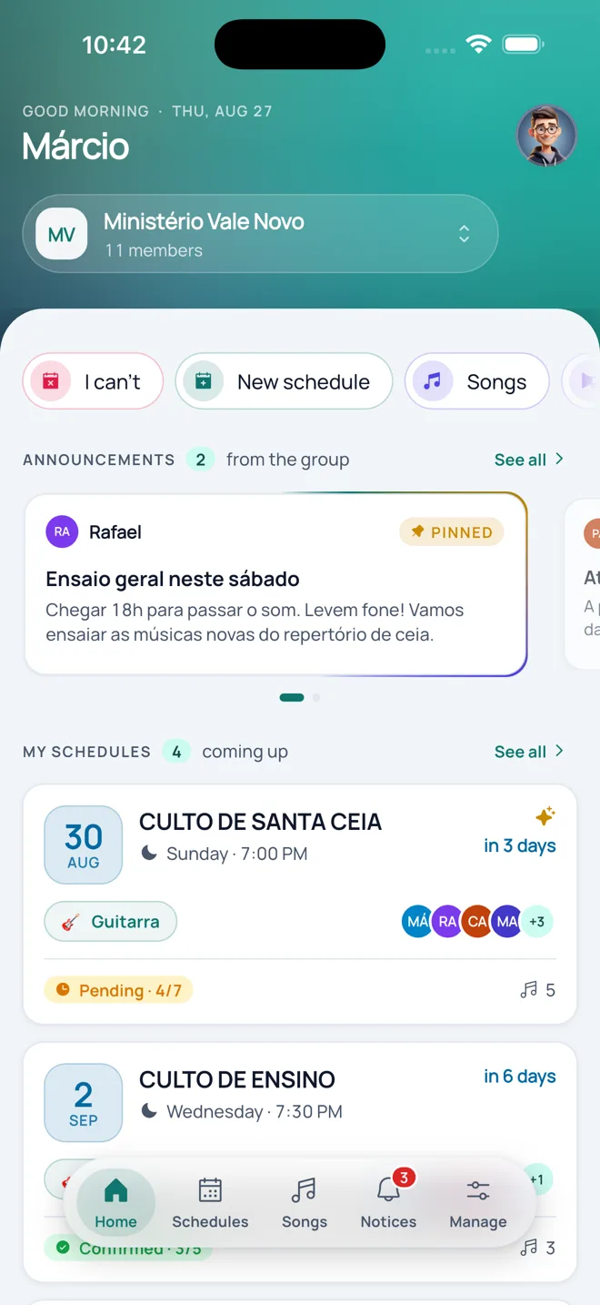 Voicing home screen with the group notices and the upcoming schedules
