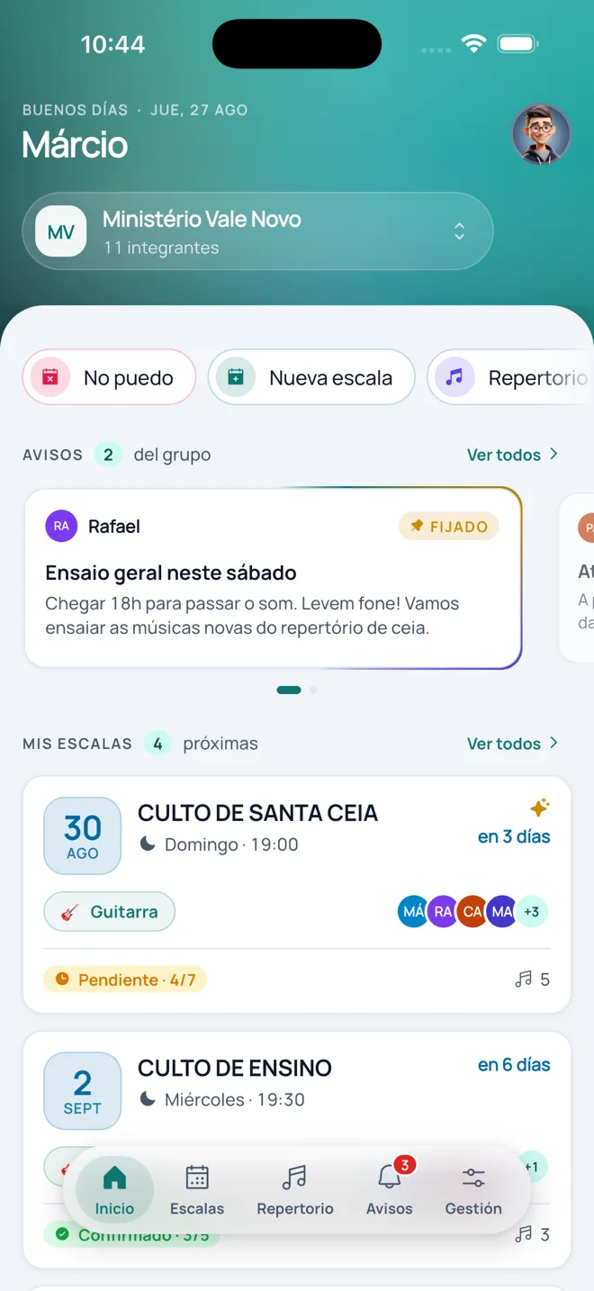 Pantalla de inicio de Voicing con los avisos del grupo y las próximas escalas