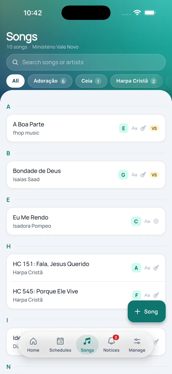 The group’s song list with the key and tempo of each song